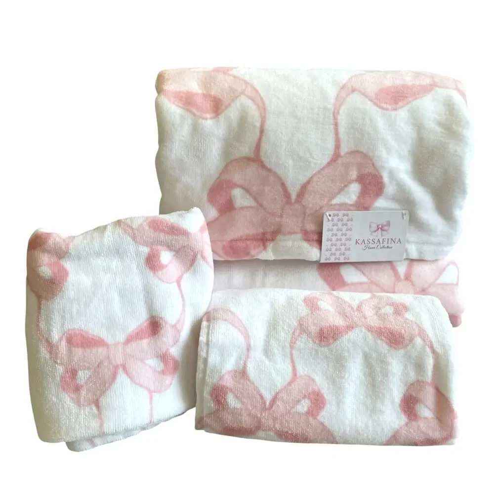 Kassafina Coquette Pink Bow Hand & Bath Towel 4PC Set 100% Cotton White NEW